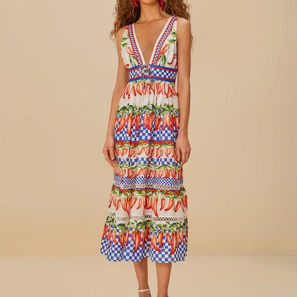 FARM Rio Off-White Picnic Peppers Ainika Midi Dress Size SPICNIC PEPPERS AINIKA